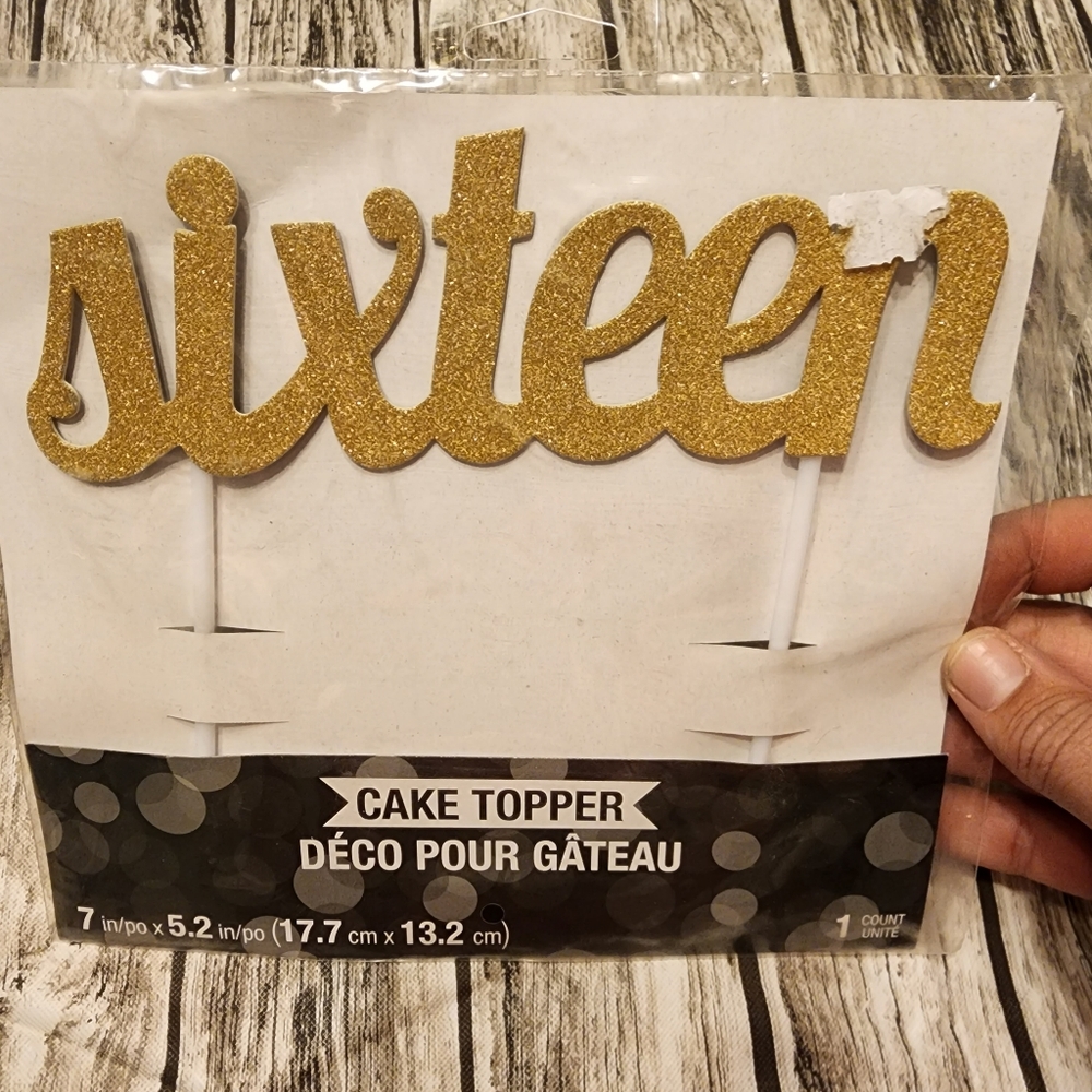 16 Sixteen Gold Glitter Cake Topper